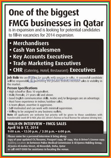 Biggest FMCG Company Job Vacancies for Qatar