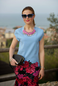 Zara azure blouse, Sodini bijoux pink necklace, zara bonsoir bag, Fashion and Cookies, fashion blogger