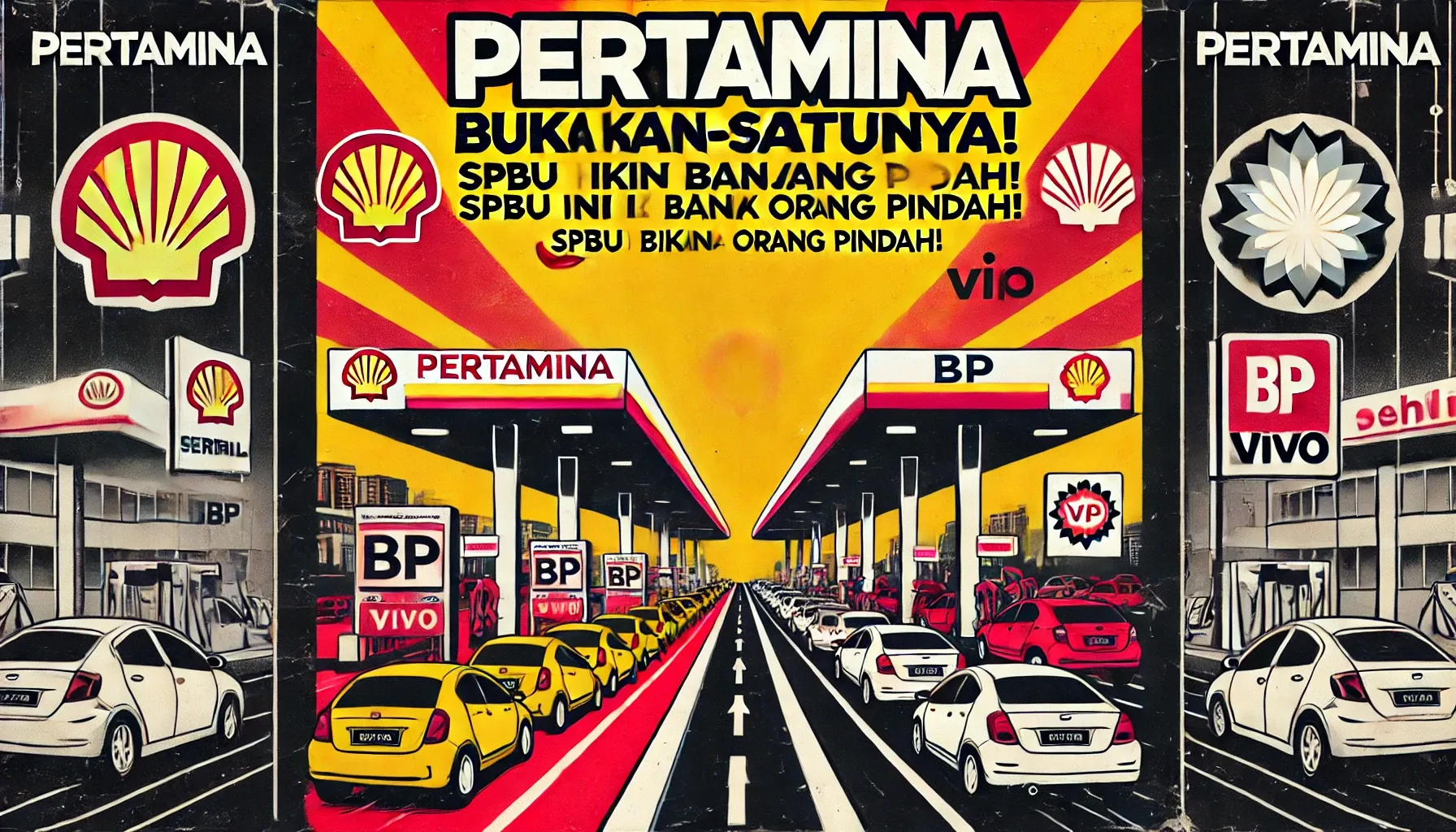 Gambar ilustrasi SPBU alternatif seperti Shell, BP, dan VIVO dengan desain yang modern dan sedikit antrian dibanding Pertamina