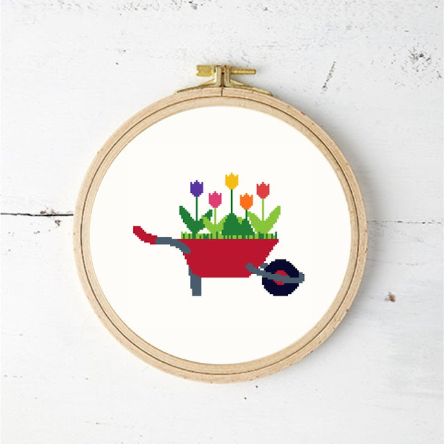 Hand cart with tulips cross stitch pattern