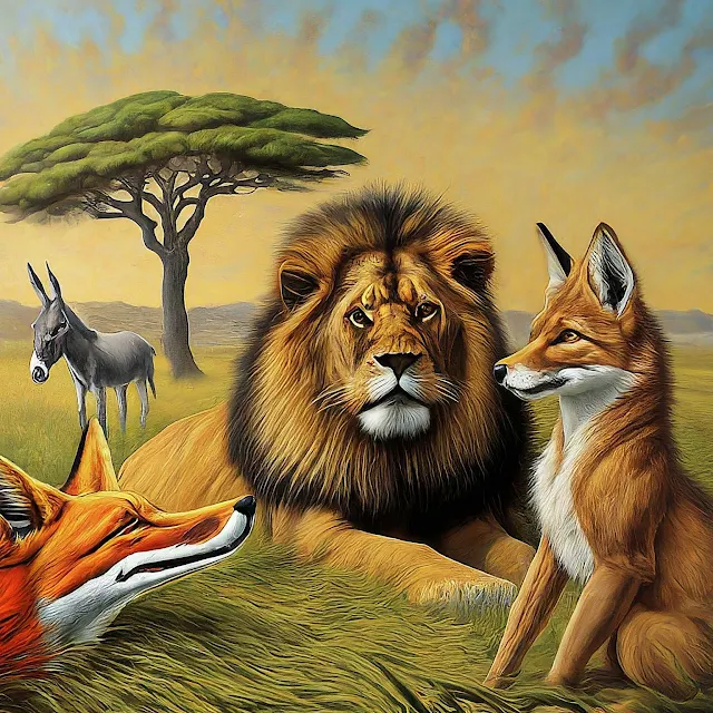 Aesopian fable, wit, wisdom, lion, donkey, fox, savanna, brain, trickery, trust, lesson