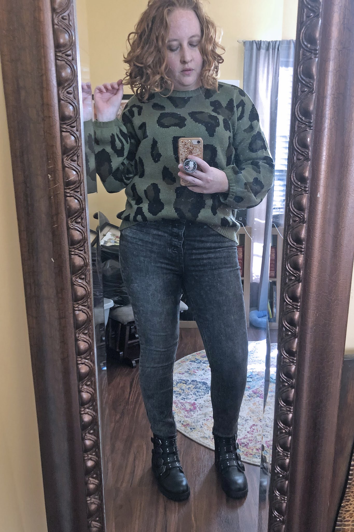 green leopard sweater black button fly jeans moto boots