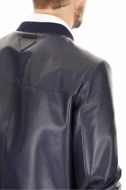 Dark blue leather jacket from the rear shoulder