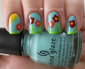 Grass, Flower, Spring, Easter, Nail Art, China Glaze, For Audrey, Barielle, Zoya, Rekha, Orange, Red, Sun, Yellow