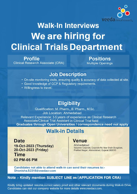 Veeda Clinical Research Walk In Interview For Clinical Trials Department