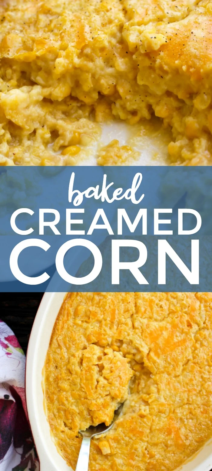 This Baked Creamed Corn is super easy to make and goes with any protein. It's easy enough to make on a weeknight and makes a great holiday side dish, too! #sidedish #cornrecipe