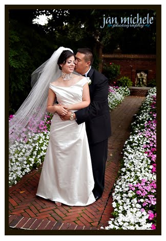 wedding couple in gardens at Oxon Hill Manor