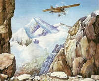 Dibujo del vuelo de Jorge Chávez pasando los Alpes a colores