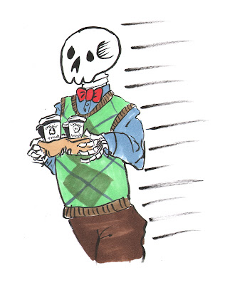 A skeleton in a sweater vest carrying a cardboard drinks container full of coffees