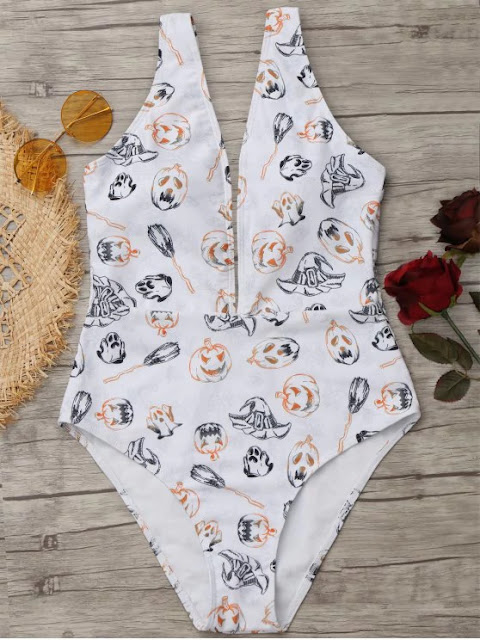 Plunging Neck Halloween Pumpkin Swimwear - White M