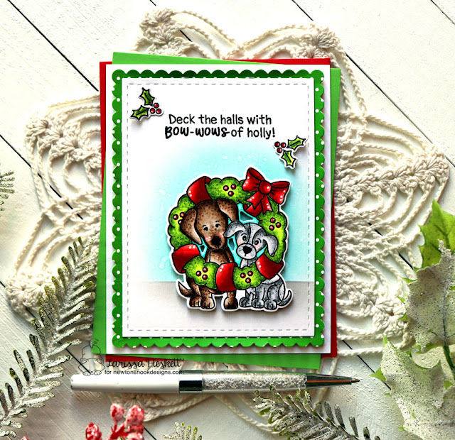 Dogs with Christmas Wreath Card by Larissa Heskett | Wreath Pups Stamp Set, Canine Christmas Paper Pad and Frames & Flags Die Set by Newton's Nook Designs