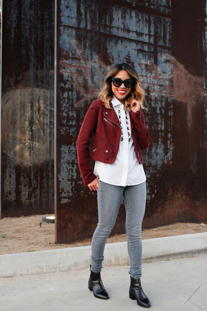 Burgandy suede moto jacket