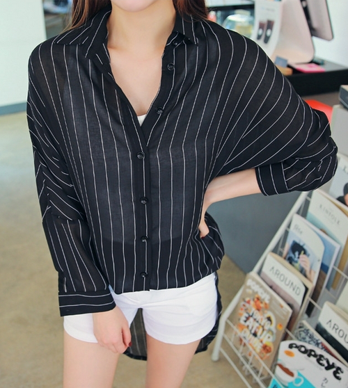 Sheer Pinstriped Long Line Blouse