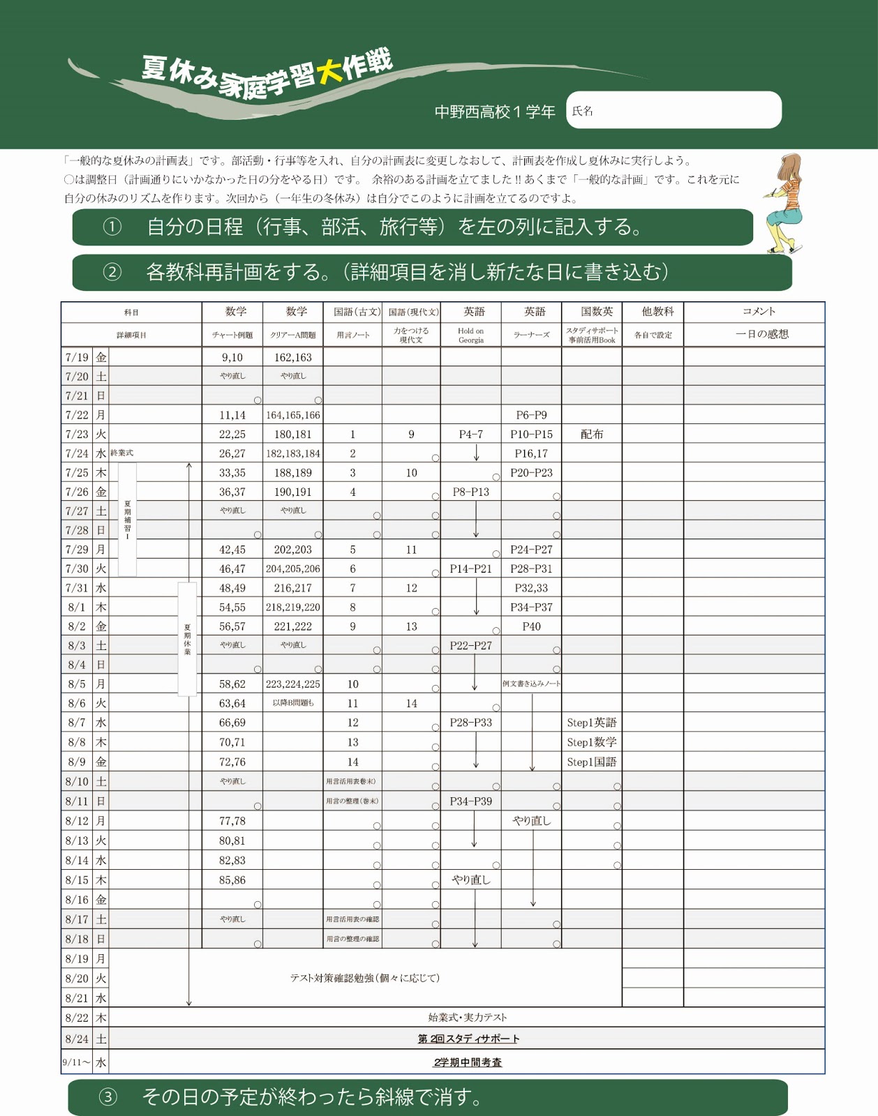 中野西高校30期生 夏休み学習計画表