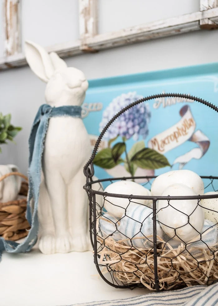 white rabbit, velvet ribbon, egg basket