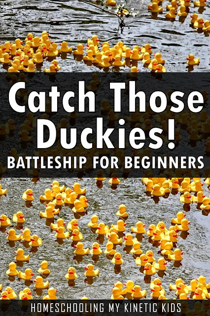 Rubber Duck Grid Game // Homeschooling My Kinetic Kids // Help your opponent capture the lost duckies by calling out the coordinates of where the ducks might be hiding.  Play this battleship for beginners and help your young elementary child practice math coordinates and taking turns.  Folder game is easy to store flat and the mini rubber ducks can go in an Altoid tin.  Fun for the whole family!