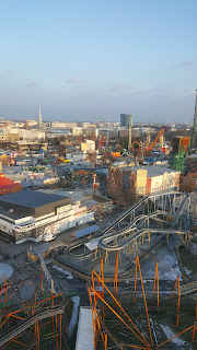 Looking down over the prater amsement park from View from the Wiener Riesenrad Ferris Wheel Vienna