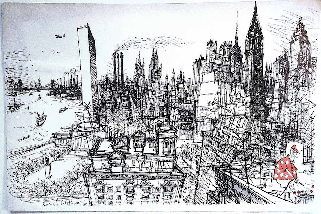 a Ronald Searle urban rooftop gardener in a city skyline