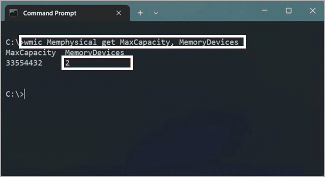 2-get-MaxCapacity,-MemoryDevices-command-prompt