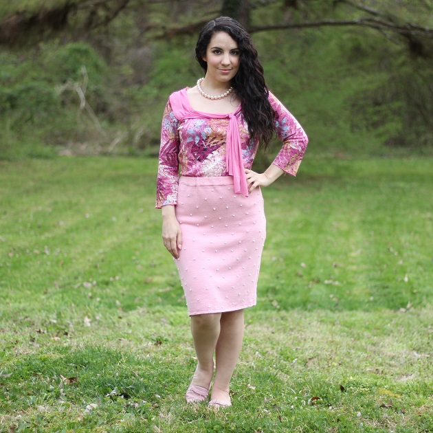 Pink Sweater Skirt with Pearls