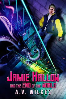 Book "Jamie Hallow and the End of the World" by AV Wilkes. A metal staircase, tentacles and a serious looking young person wearing a pentagram on their jacket...