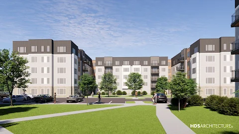 Rendering of street view of apartments and landscaping at The Devon at Weiss Farm