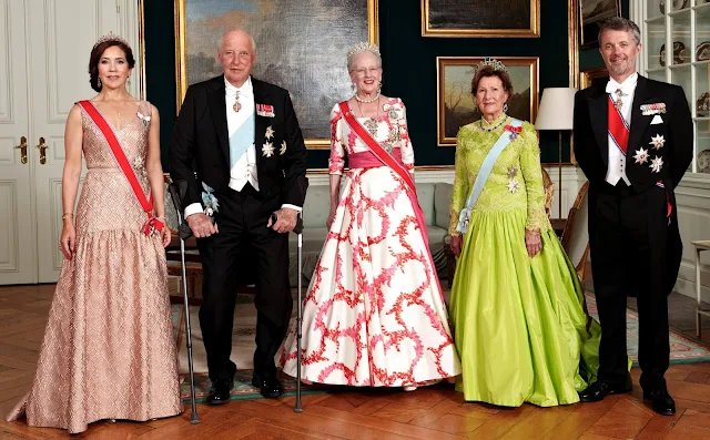 King Harald and Queen Sonja, Crown Prince Frederik and Crown Princess Mary. Diamond and emerald tiara, rosa diamond earrings