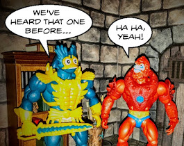 Mer-Man says: We've heard that one before. Beast Man agrees and laughs.