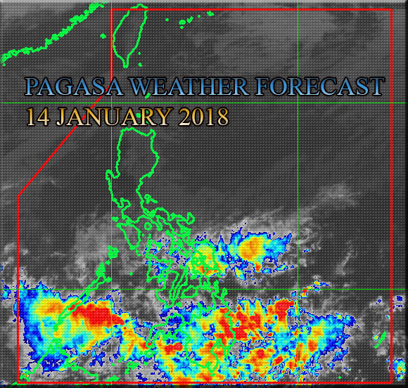 PAGASA Weather forecast as of 4:00 PM today, 14 January 2018. Above is the image satellite taken via HIMAWARI Satellite. Source Credit: PAGASA