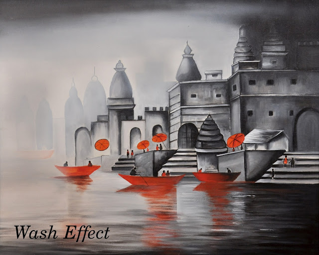 Banaras Ghat black and white painting with wash effect