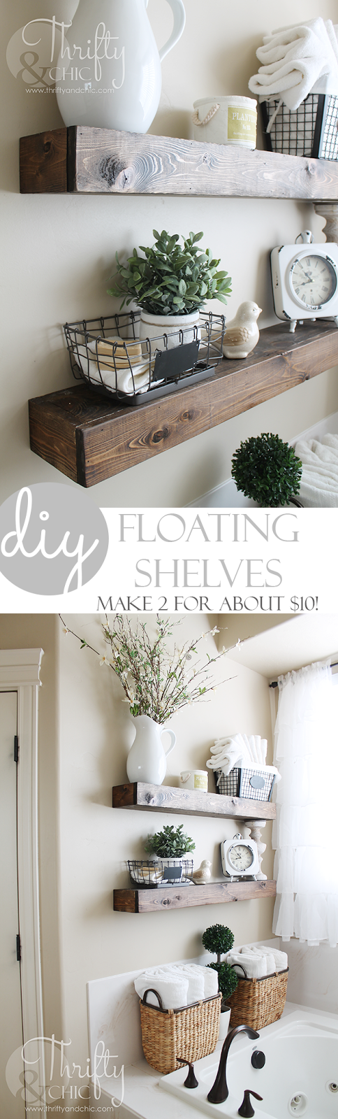 DIY wood floating shelves for under $10! Farmhouse style shelves and decor