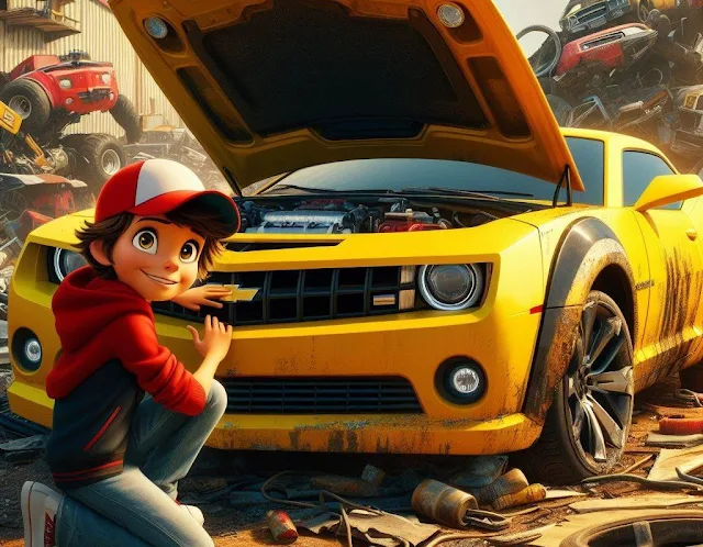 Bumblebee hiding in a colorful junkyard filled with scrap metal.