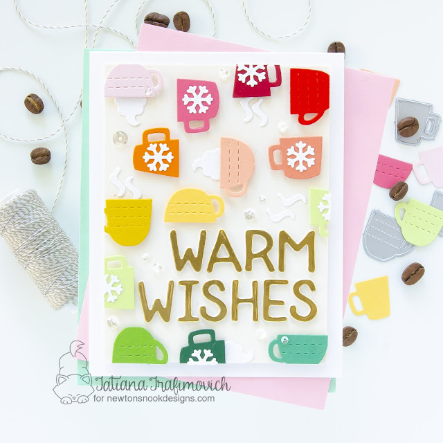 Warm Wishes Mug Card by Tatiana Trafimovich | Coffee Silhouettes Die Set, Essential Alphabet Die Set and Snow Globe Shaker Die Set by Newton's Nook Designs #newtonsnook #handmade