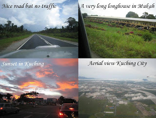 road, sunset, longhouse and Kuching City from the air