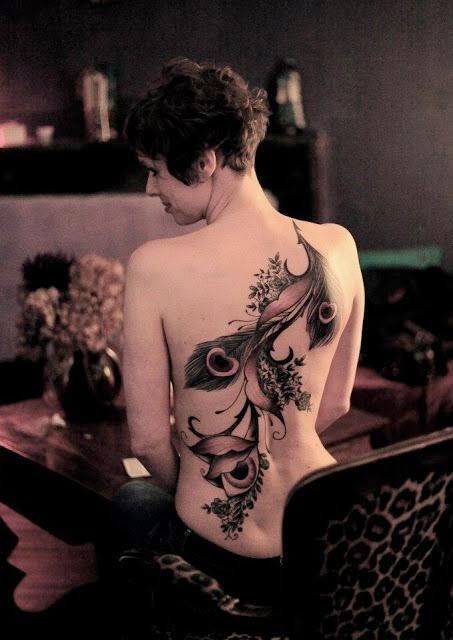 Peacock Women Back Flower Tattoo, Peacock With Flower Feather Tattoo, Feather Flower Peacock Tattoo, Flower On Peacock Feather Tattoo, Women, Birds, Flower,