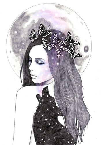 "Looking for the Stars" by Andrea Hrnjak | dibujos bonitos a lapiz | imagenes lindas | illustration art | mujer con lobos mariposas y luna