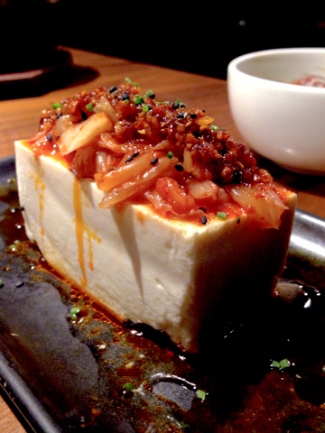 Spicy tofu from Kintan Japanese BBQ in Holborn.  Kintan is the first yakiniku-style restaurant in London.  Cook your own bite sized pieces of meat or seafood on the grill set in the table and enjoy with other small dishes, rice and noodles on the extensive menu