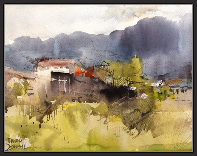 SANT LLORENÇ DE MORUNYS-PINTURA-A PUNT DE PLOURE-PAISATGES-AQUAREL·LA-ARTISTA-PINTOR-ERNEST DESCALS