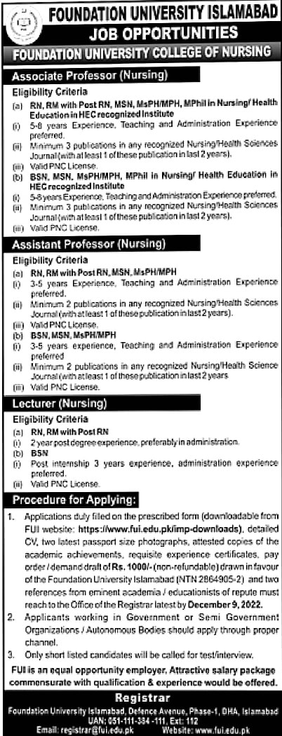 Foundation University | College of Nursing Islamabad Jobs 2022 