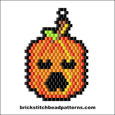 Click for a larger image of the Scary Halloween Pumpkin brick stitch bead pattern color chart.