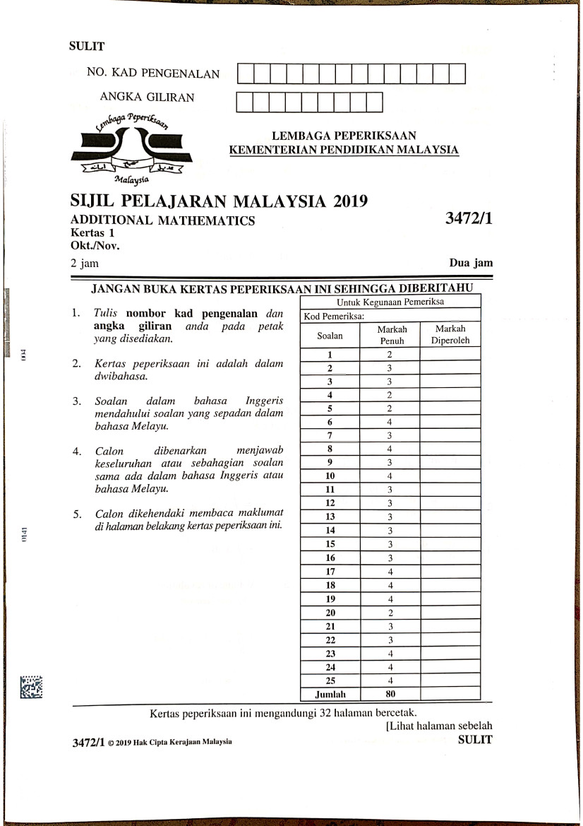 Soalan Sebenar Matematik Tambahan Sijil Pelajaran Malaysia Spm 2019