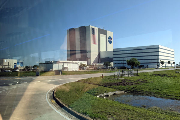 My tour bus is about to drive past the Vehicle Assembly Building on the way to the Apollo/Saturn V Center...on March 27, 2022.