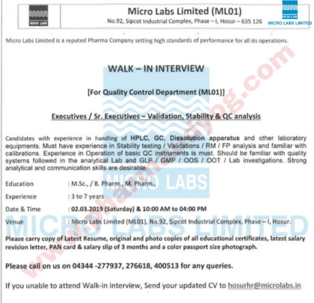 Micro labs | Walk-in for Quality assurance | 2nd March 2019 | Hosur