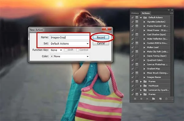 The New Action dialog box appears. Named the Action "Images-Crop", set to Default Actions. Click the Record button.