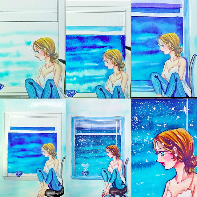 How to draw Girl drinking tea sitting at window against night 