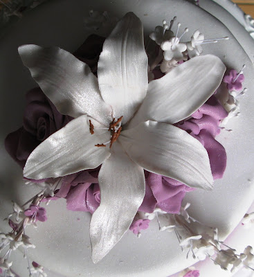 Three Tier Wedding Cake A Lily with Purple Roses October 2008