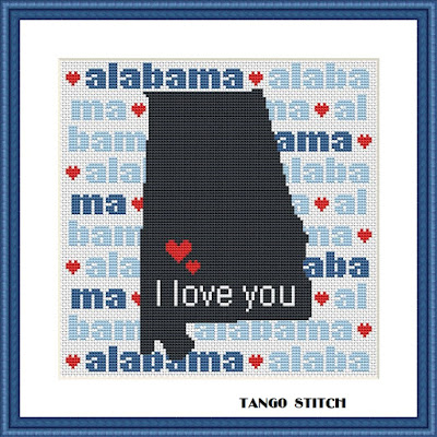 Alabama state map typography cross stitch pattern - Tango Stitch