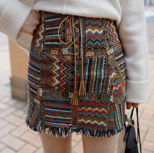 Multiple Pattern Fringed Skirt