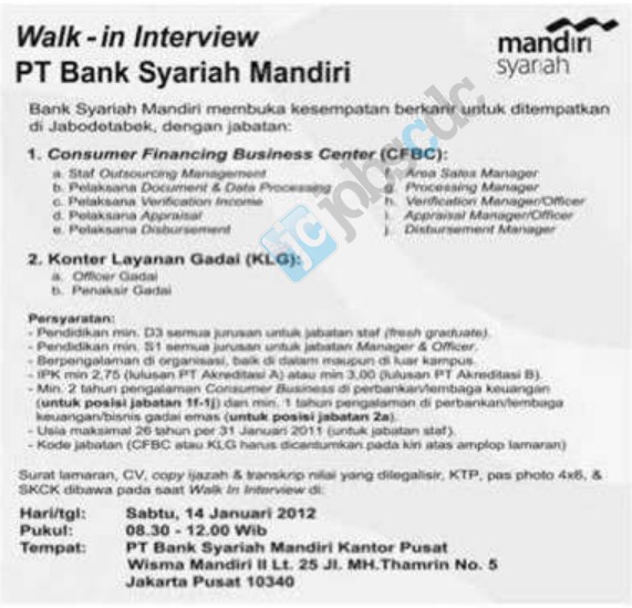 PT Bank Syariah Mandiri - Walk in Interview BSM January 