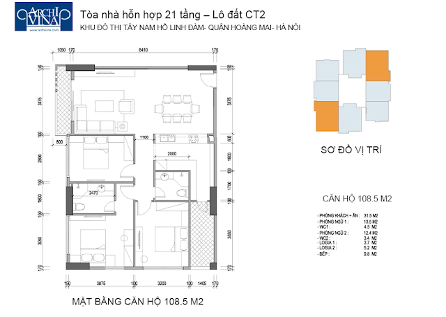 Mặt bằng căn hộ 108.5 m2 chung cư b1ct2 tây nam linh đàm và Chung cư b2ct2 tây nam linh đàm